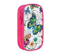 bnmklda White Floral Pattern Colorful Butterflies Printed Large - Capacity Double - Layer Pencil Case Pink - Large Capacity Pen Case for School & Office Supplies