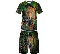 BNMKYTWASJP Leopard print 3D Printed Casual Short Sleeve Crew Neck Suit for Men 2 Piece Shorts Tracksuit (Leopard9,L)