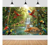 Bnodjos Rainforest Animal Photography Backdrop, Lush Jungle Scene with Waterfall & Tropical Birds, Durable Vinyl Background for Safari Themed Kids' Party, Classroom Displays & Studio Photoshoots
