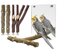 BNOSDM 5PCS Bird Perches Stand with Mirror Parrot Natural Wood Stick Perches Forked Perch Branch Parakeet Toy Set Bird Cage Accessories for Budgie Cockatiel Conure Finch Lovebird
