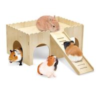 BNOSDM Large Wooden Guinea Pig Hideout with Ramp & Loft 2 Tier Detachable Cavy Castle 4 Door Upgraded Small Animal House Habitat Dwarf Rabbit Climbing Toy Accessories for Cage
