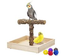 BNOSDM Portable Bird Perch Stand with Potty Tray, Natural Wood T-Shaped Tabletop Training Gym Parrot Playground Toy for Budgies, Cockatiels, Lovebirds,Conures Canaries
