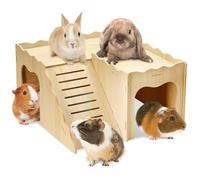 BNOSDM Upgraded Wooden Guinea Pig Hideout with Stair & Loft 2 Tier Detachable Cavy Castle 2 Door Small Animal House Habitat Dwarf Rabbit Climbing Toy Accessories for Cage
