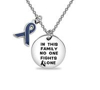 BNQL Blue Ribbon Necklace Cancer Awareness Necklace Gifts Cancer Fighter Gifts Jewelry In This Family No One Fights Alone (SILVER)