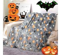 BNREDA Halloween cosy blanket glow in the dark, orange pumpkin/spooky bat print blanket glow in the dark, fluffy soft sofa blanket decoration (A, 130x150cm)