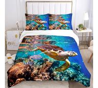 BNREDA Turtle Bed Linen 135 x 200.3D Underwater World Bedding Set, Dolphin, Tropical Fish, Coral, Sea Life Duvet Cover, Blue Underwater World Duvet Cover for Children (A, 100 x 135 cm)