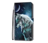 Bnvdfre for Motorola Moto E14 / G04 / G24 Case Flip PU Leather Phone Case Shockproof with Card Holder Magnetic Stand Protector Cover for Motorola Moto E14 / G04 / G24, Wolf Moon