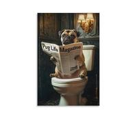 BNVJFNE Pug Dog Reading Newspaper in Toilet Bathroom Art Canvas Poster Wall Art Decor Print Picture Paintings for Living Room Bedroom Decoration 12x18inch(30x45cm)