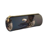 BNVSADC 3D Bald Eagle Flying with American Flag Printed Round Pencil Case Leather Pencil Pouch Cute Stationery Pencil Pen Bag for School Office Travel