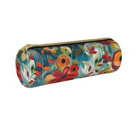 BNVSADC Abstract Floral Printed Round Pencil Case Leather Pencil Pouch Cute Stationery Pencil Pen Bag for School Office Travel