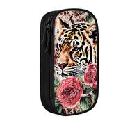BNVSADC Animal Tiger Leopard Print Rose Flower Printed Pencil Case for Girls Boys, Large Capacity Pencil Pouch Cute Pencil Box Adult Makeup Bag with 2 Compartments, Black