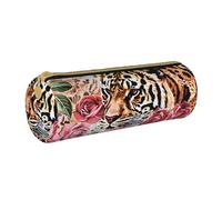 BNVSADC Animal Tiger Leopard Print Rose Flower Printed Round Pencil Case Leather Pencil Pouch Cute Stationery Pencil Pen Bag for School Office Travel