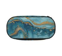 BNVSADC Azurite Teal and Foil Gold Oil Marble Printed Pencil Case Cute Pencil Bag Pen Pouch Large Stationery Organizer Makeup Bag for Teen Boys Girls School Students Office