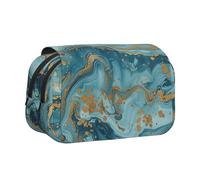 BNVSADC Azurite Teal and Foil Gold Oil Marble Printed Print Flip Top Double Layer Pencil Case - Large Capacity School Supplies Organizer for Students, Kids, Teens, Artists, Travel & Office Use