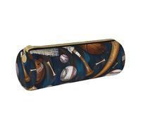 BNVSADC Baseball Basketball Football Hockey Printed Round Pencil Case Leather Pencil Pouch Cute Stationery Pencil Pen Bag for School Office Travel