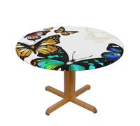 BNVSADC Beautiful Green and Yellow Butterfly Printed Round Tablecloth with Elastic Edged, M(138CM Diameter), Kitchen Water Resistant Fabric Table Cloth Dining Table Decoration Table Covers