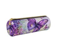 BNVSADC Beautiful Purple Butterfly Art Printed Round Pencil Case Leather Pencil Pouch Cute Stationery Pencil Pen Bag for School Office Travel