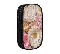 BNVSADC Beautiful White Gold Flowers Printed Pencil Case for Girls Boys, Large Capacity Pencil Pouch Cute Pencil Box Adult Makeup Bag with 2 Compartments, Black