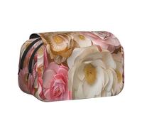 BNVSADC Beautiful White Gold Flowers Printed Print Flip Top Double Layer Pencil Case - Large Capacity School Supplies Organizer for Students, Kids, Teens, Artists, Travel & Office Use