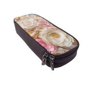 BNVSADC Beautiful White Gold Flowers Printed PU Leather Flip Pencil Case, Cute Pencil Box Pen Bag Stationery Organizer Makeup Bag for School Office Travel