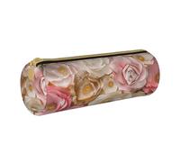 BNVSADC Beautiful White Gold Flowers Printed Round Pencil Case Leather Pencil Pouch Cute Stationery Pencil Pen Bag for School Office Travel