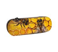 BNVSADC Bee On Honeycomb Printed Leather Pencil Pen Case & Makeup Bag - Stylish Hard Shell Pencil Bag Stationery Organizer Pouch for School Office Travel