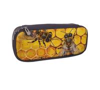 BNVSADC Bee On Honeycomb Printed Leather Pencil Pen Case & Makeup Bag - Stylish Pencil Bag Stationery Organizer Pouch for School Office Travel
