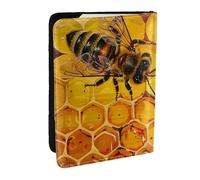 BNVSADC Bee On Honeycomb Printed Passport Holder Travel PU Leather Passport Cover Case Organiser for Men Women, 6.5 inch
