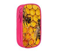 BNVSADC Bee On Honeycomb Printed Pencil Case for Girls Boys, Large Capacity Pencil Pouch Cute Pencil Box Adult Makeup Bag with 2 Compartments, Pink