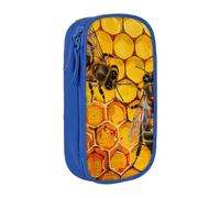 BNVSADC Bee On Honeycomb Printed Pencil Case for Girls Boys, Large Capacity Pencil Pouch Cute Pencil Box Adult Makeup Bag with 2 Compartments, Blue