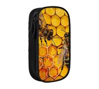 BNVSADC Bee On Honeycomb Printed Pencil Case for Girls Boys, Large Capacity Pencil Pouch Cute Pencil Box Adult Makeup Bag with 2 Compartments, Black