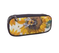 BNVSADC Bee on Sunflower Printed Leather Pencil Pen Case & Makeup Bag - Stylish Pencil Bag Stationery Organizer Pouch for School Office Travel