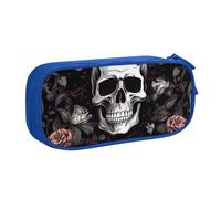BNVSADC Black Floral Halloween Skull Printed Pencil Case Large Pen Bag Cute Pencil Box Pouch Office School Stationery Organizer for Girls Boys, Blue