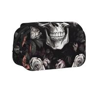 BNVSADC Black Floral Halloween Skull Printed Print Flip Top Double Layer Pencil Case - Large Capacity School Supplies Organizer for Students, Kids, Teens, Artists, Travel & Office Use