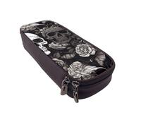 BNVSADC Black Floral Skull Printed PU Leather Flip Pencil Case, Cute Pencil Box Pen Bag Stationery Organizer Makeup Bag for School Office Travel