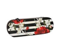 BNVSADC Black White Stripes Red Rose Flowers Printed Leather Pencil Pen Case & Makeup Bag - Stylish Hard Shell Pencil Bag Stationery Organizer Pouch for School Office Travel
