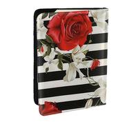 BNVSADC Black White Stripes Red Rose Flowers Printed Passport Holder Travel PU Leather Passport Cover Case Organiser for Men Women, 6.5 inch