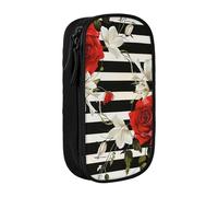 BNVSADC Black White Stripes Red Rose Flowers Printed Pencil Case for Girls Boys, Large Capacity Pencil Pouch Cute Pencil Box Adult Makeup Bag with 2 Compartments, Black