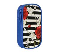 BNVSADC Black White Stripes Red Rose Flowers Printed Pencil Case for Girls Boys, Large Capacity Pencil Pouch Cute Pencil Box Adult Makeup Bag with 2 Compartments, Blue
