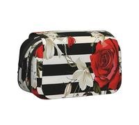 BNVSADC Black White Stripes Red Rose Flowers Printed Print Flip Top Double Layer Pencil Case - Large Capacity School Supplies Organizer for Students, Kids, Teens, Artists, Travel & Office Use