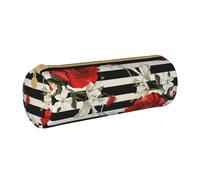 BNVSADC Black White Stripes Red Rose Flowers Printed Round Pencil Case Leather Pencil Pouch Cute Stationery Pencil Pen Bag for School Office Travel