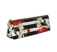 BNVSADC Black White Stripes Red Rose Flowers Printed Triangle Pencil Case Leather Pencil Pouch Cute Stationery Pencil Pen Bag for School Office Travel