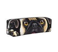 BNVSADC Black Yellow Pug Printed Pencil Case Leather Pencil Pouch Cute Stationery Pencil Pen Bag with Zipper for School Office Travel