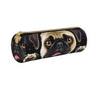 BNVSADC Black Yellow Pug Printed Round Pencil Case Leather Pencil Pouch Cute Stationery Pencil Pen Bag for School Office Travel
