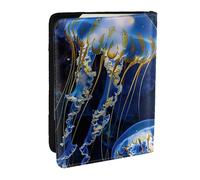 BNVSADC Blue and Gold Jellyfish Printed Passport Holder Travel PU Leather Passport Cover Case Organiser for Men Women, 6.5 inch