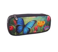 BNVSADC Blue Butterfly and Flowers Printed Leather Pencil Pen Case & Makeup Bag - Stylish Pencil Bag Stationery Organizer Pouch for School Office Travel