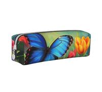 BNVSADC Blue Butterfly and Flowers Printed Pencil Case Leather Pencil Pouch Cute Stationery Pencil Pen Bag with Zipper for School Office Travel