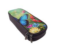 BNVSADC Blue Butterfly and Flowers Printed PU Leather Flip Pencil Case, Cute Pencil Box Pen Bag Stationery Organizer Makeup Bag for School Office Travel