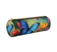 BNVSADC Blue Butterfly and Flowers Printed Round Pencil Case Leather Pencil Pouch Cute Stationery Pencil Pen Bag for School Office Travel