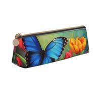 BNVSADC Blue Butterfly and Flowers Printed Triangle Pencil Case Leather Pencil Pouch Cute Stationery Pencil Pen Bag for School Office Travel